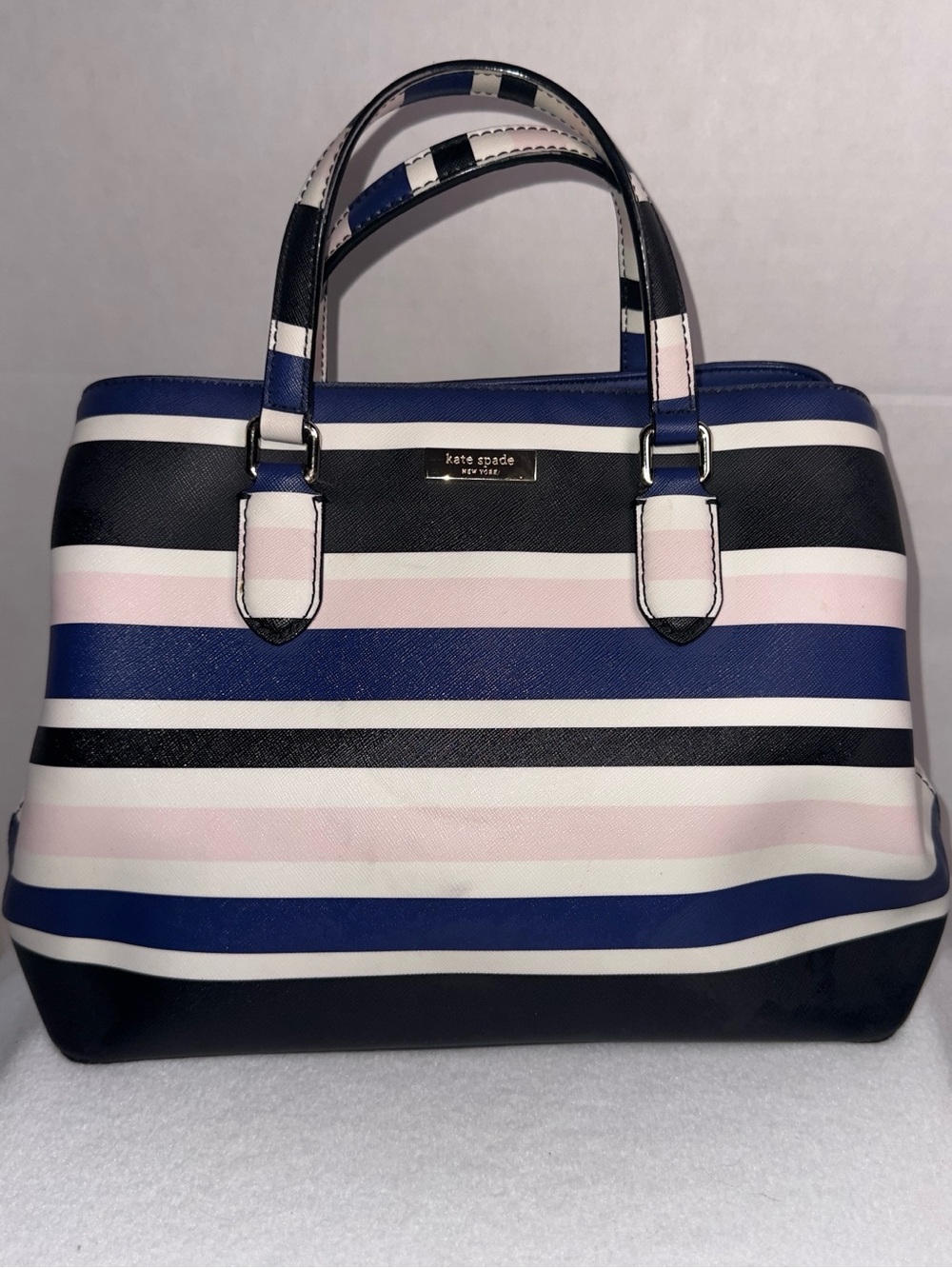 Kate Spade New York Striped Saffiano‎ Leather Satchel Navy Pink Black White